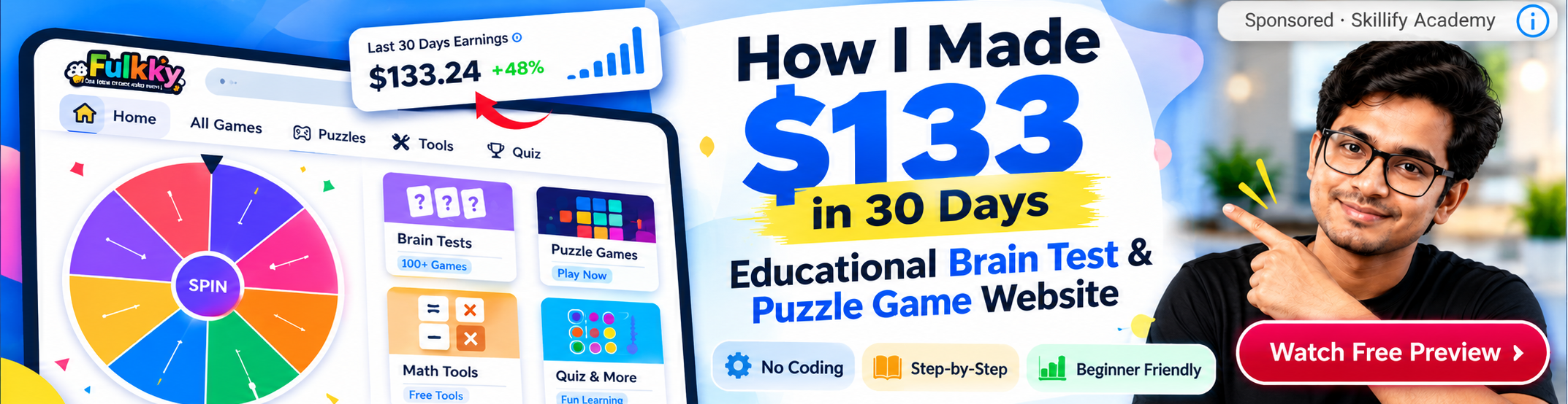 Sponsored Skillify Academy - $133 in 30 Days Educational Brain Test and Puzzle Website Case Study